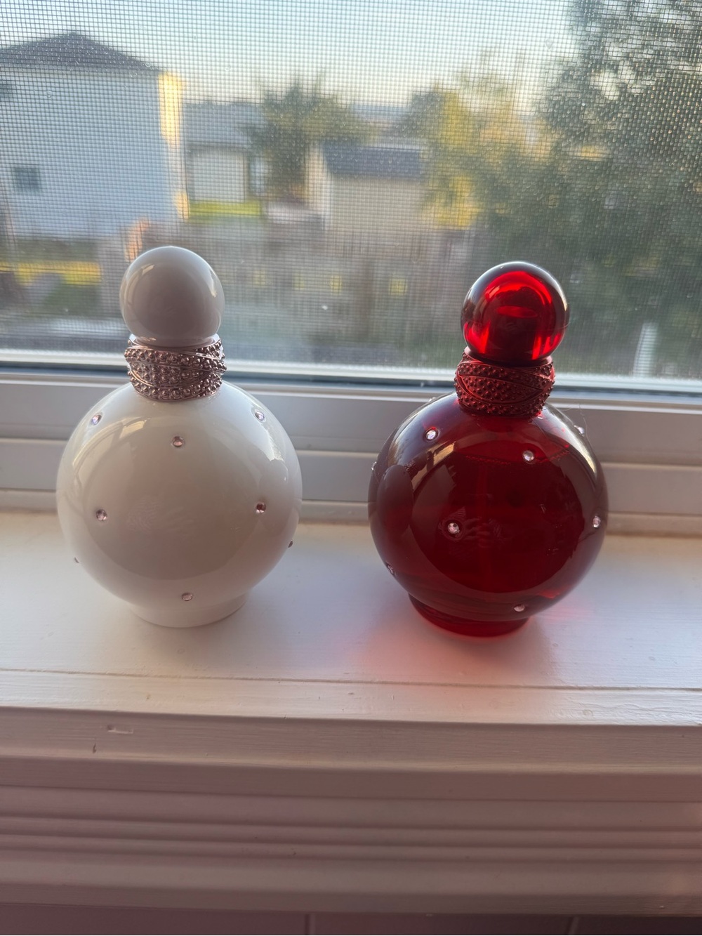 Elegant Red and White Decorative Glass Vases with Jeweled Collars